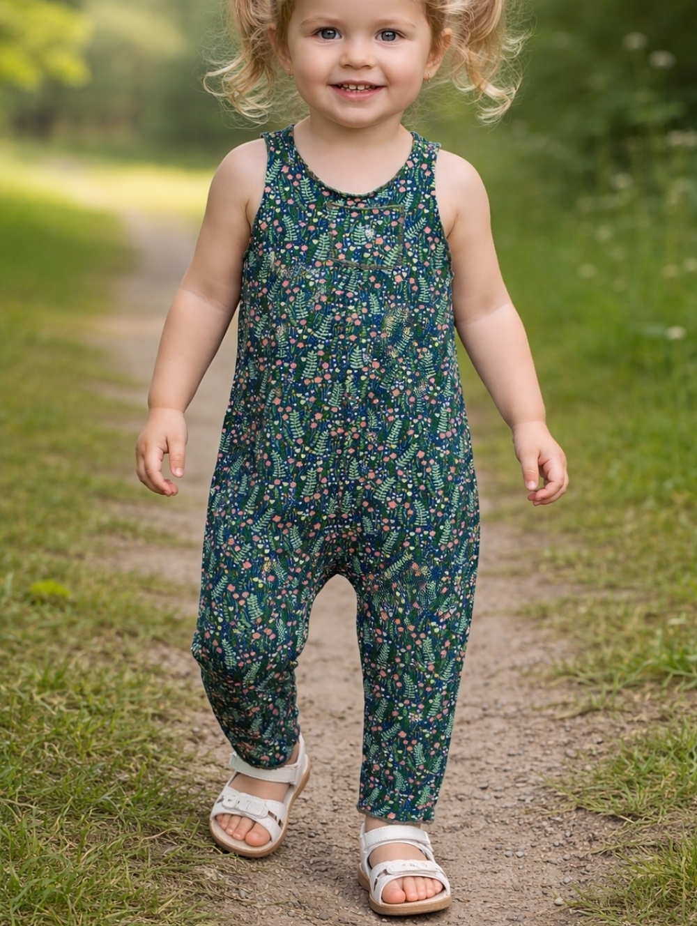 HANDMADE Toddler Floral Green Sleeveless Romper Sz 2T